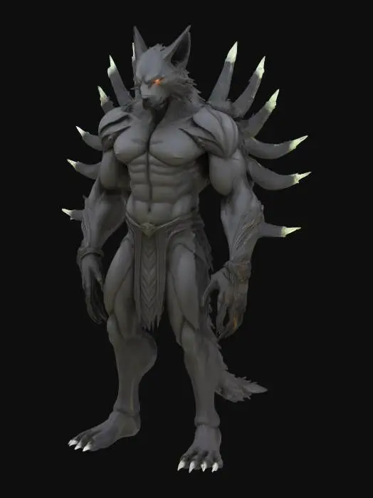 3D model for Humanoid boss with a muscular, athletic build; body covered in sleek, angular markings reminiscent of burning seals, limbs long and powerful, fingers elongated and slightly clawed; head wolf-like with large pointed ears and no visible mouth, eyes intense and glowing, nine ethereal tails erupting directly from the lower back as stylized appendages.