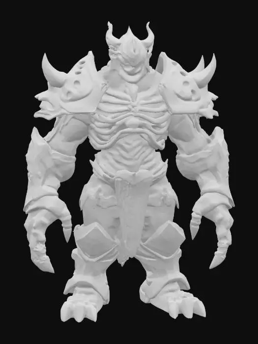 3D model for Inspired by Susanoo (Naruto):
Giant humanoid boss with layered, semi-transparent armor resembling spectral bone plates; shoulders and arms bulky and angular, ribcage expanded with overlapping ribs visible on the outside, hands massive and clawed, head helmeted with glowing eyes set deep within a stern, mask-like face.