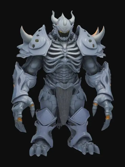 3D model for Inspired by Susanoo (Naruto):
Giant humanoid boss with layered, semi-transparent armor resembling spectral bone plates; shoulders and arms bulky and angular, ribcage expanded with overlapping ribs visible on the outside, hands massive and clawed, head helmeted with glowing eyes set deep within a stern, mask-like face.