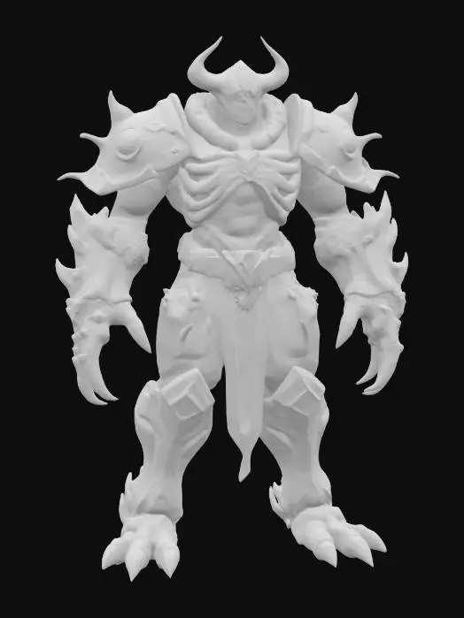 3D model for Inspired by Susanoo (Naruto):
Giant humanoid boss with layered, semi-transparent armor resembling spectral bone plates; shoulders and arms bulky and angular, ribcage expanded with overlapping ribs visible on the outside, hands massive and clawed, head helmeted with glowing eyes set deep within a stern, mask-like face.