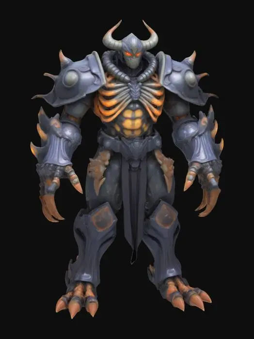 3D model for Inspired by Susanoo (Naruto):
Giant humanoid boss with layered, semi-transparent armor resembling spectral bone plates; shoulders and arms bulky and angular, ribcage expanded with overlapping ribs visible on the outside, hands massive and clawed, head helmeted with glowing eyes set deep within a stern, mask-like face.