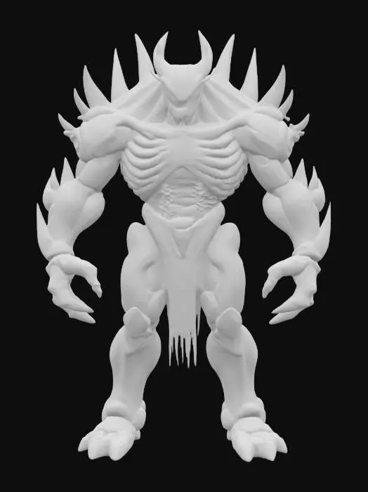 3D model for Inspired by Susanoo (Naruto):
Giant humanoid boss with layered, semi-transparent armor resembling spectral bone plates; shoulders and arms bulky and angular, ribcage expanded with overlapping ribs visible on the outside, hands massive and clawed, head helmeted with glowing eyes set deep within a stern, mask-like face.