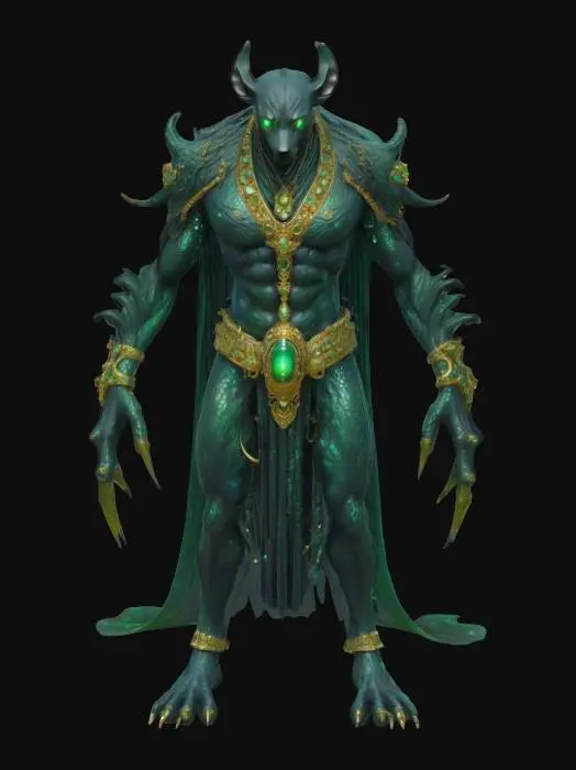 3D model for A towering, lithe humanoid boss with obsidian-black, jackal-like head and a body covered in shimmering scales and writhing, bioluminescent tentacles emerging from its back and sides. Ancient golden jewelry hangs from its neck and wrists, and its eyes glow an eerie green. Instead of a mouth, the lower face splits open to reveal rows of tiny lamprey-like teeth, constantly shifting and pulsing with eldritch energy.