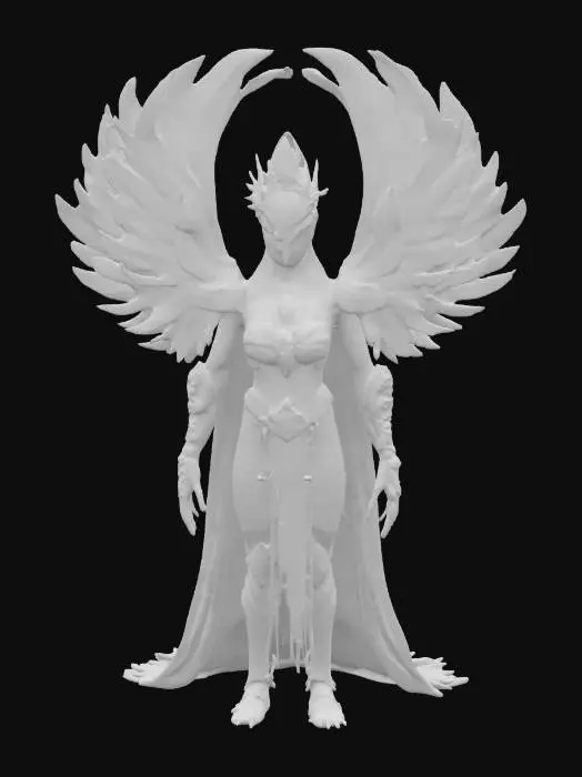 3D model for A regal humanoid boss, entire body coiled in iridescent, feathered scales of turquoise and gold. The face is smooth and mask-like, framed by a mane of stylized, fan-shaped feathers, and the shoulders and forearms are adorned with stone glyphs and jewelry. From the back, two sweeping plumes curve upwards, and the lower body tapers into overlapping, serpent-like armor plates.