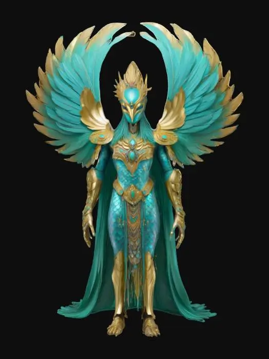 3D model for A regal humanoid boss, entire body coiled in iridescent, feathered scales of turquoise and gold. The face is smooth and mask-like, framed by a mane of stylized, fan-shaped feathers, and the shoulders and forearms are adorned with stone glyphs and jewelry. From the back, two sweeping plumes curve upwards, and the lower body tapers into overlapping, serpent-like armor plates.