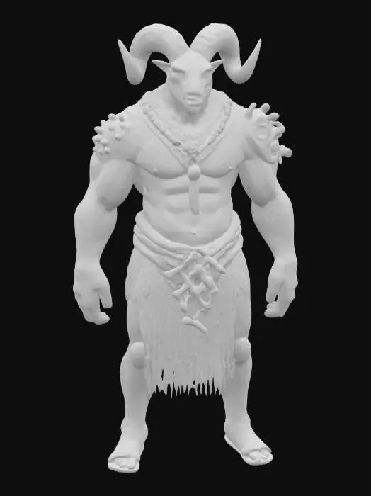 3D model for A tall, robust humanoid boss with dark, wooden skin carved in swirling tribal patterns, a pair of upward curving ram’s horns emerging from the temples. The chest is adorned with a necklace of bone and shells, while the lower legs end in split hooves. The figure stands with perfect balance, a woven mantle of reeds draped over broad shoulders.