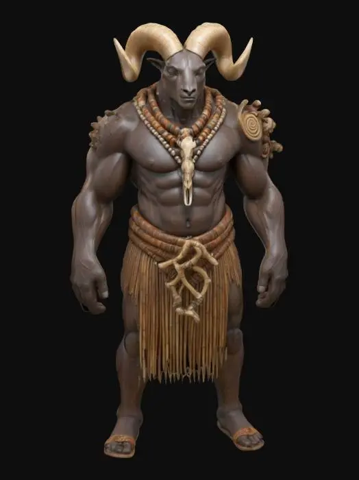 3D model for A tall, robust humanoid boss with dark, wooden skin carved in swirling tribal patterns, a pair of upward curving ram’s horns emerging from the temples. The chest is adorned with a necklace of bone and shells, while the lower legs end in split hooves. The figure stands with perfect balance, a woven mantle of reeds draped over broad shoulders.