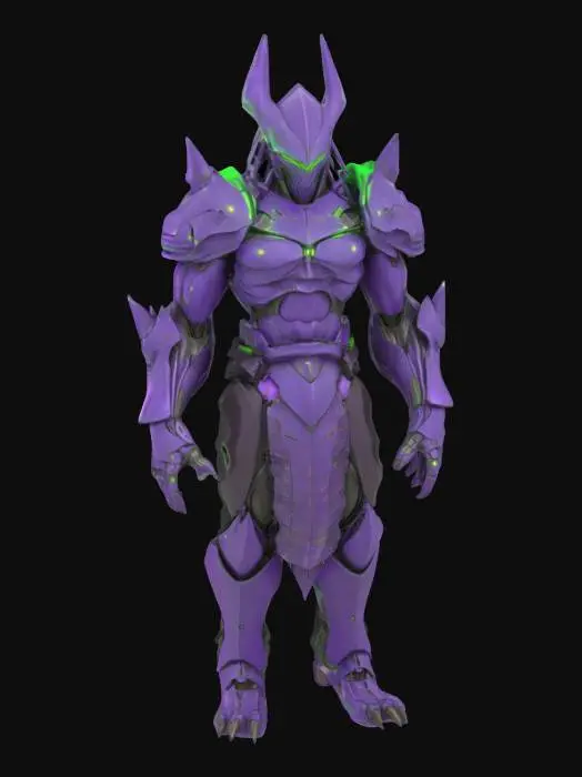 3D model for A towering humanoid boss with an armored, angular body and organic musculature showing beneath segmented purple plating. The head is long and helmet-like, crowned with a single, blade-like horn, and the shoulders are broad with green, glowing accents. Elongated limbs end in clawed, almost skeletal hands, while a cable-like appendage trails from the upper back.
