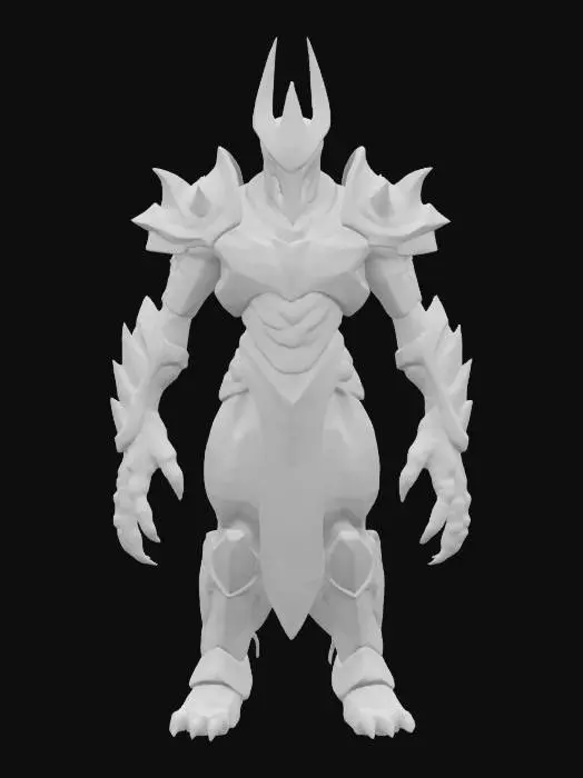 3D model for A towering humanoid boss with an armored, angular body and organic musculature showing beneath segmented purple plating. The head is long and helmet-like, crowned with a single, blade-like horn, and the shoulders are broad with green, glowing accents. Elongated limbs end in clawed, almost skeletal hands, while a cable-like appendage trails from the upper back.