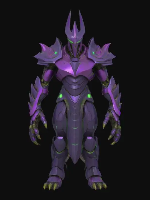 3D model for A towering humanoid boss with an armored, angular body and organic musculature showing beneath segmented purple plating. The head is long and helmet-like, crowned with a single, blade-like horn, and the shoulders are broad with green, glowing accents. Elongated limbs end in clawed, almost skeletal hands, while a cable-like appendage trails from the upper back.