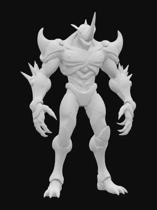 3D model for A towering humanoid boss with an armored, angular body and organic musculature showing beneath segmented purple plating. The head is long and helmet-like, crowned with a single, blade-like horn, and the shoulders are broad with green, glowing accents. Elongated limbs end in clawed, almost skeletal hands, while a cable-like appendage trails from the upper back.