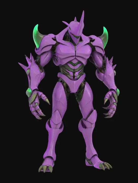 3D model for A towering humanoid boss with an armored, angular body and organic musculature showing beneath segmented purple plating. The head is long and helmet-like, crowned with a single, blade-like horn, and the shoulders are broad with green, glowing accents. Elongated limbs end in clawed, almost skeletal hands, while a cable-like appendage trails from the upper back.