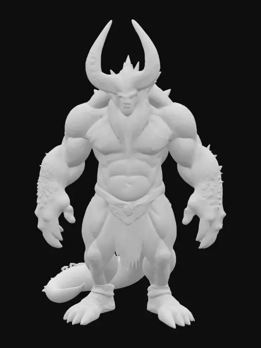 3D model for A massive, imposing humanoid boss with a heavily built frame and draconic, scale-like textures across the arms, chest, and back. The head features long, wild hair and a pair of thick, curved horns, while the jawline is squared and pronounced. The body radiates raw strength, with large, calloused hands and a thick tail trailing behind, hinting at a beastly lineage.