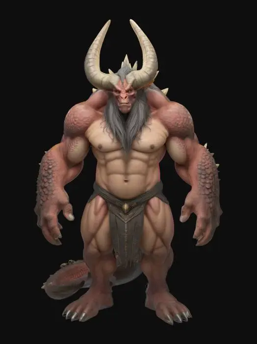 3D model for A massive, imposing humanoid boss with a heavily built frame and draconic, scale-like textures across the arms, chest, and back. The head features long, wild hair and a pair of thick, curved horns, while the jawline is squared and pronounced. The body radiates raw strength, with large, calloused hands and a thick tail trailing behind, hinting at a beastly lineage.