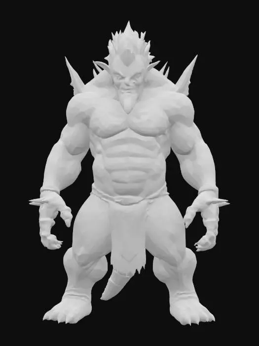 3D model for A tall, athletic humanoid boss with bright, patterned markings encircling the arms, chest, and face in bold, symmetrical lines. The skin is a muted pinkish hue, the eyes vivid and ringed with blue, and the hair stands up in jagged spikes. The torso and forearms are robust, and the figure exudes both grace and explosive physical potential.