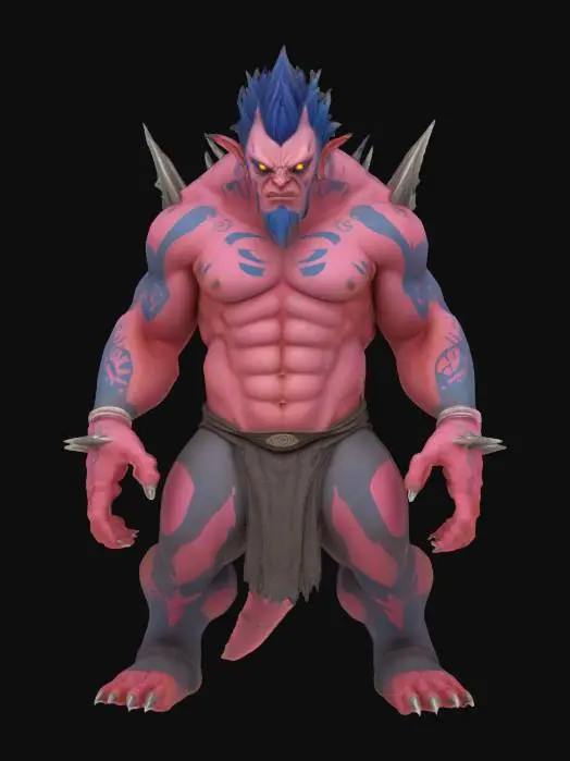 3D model for A tall, athletic humanoid boss with bright, patterned markings encircling the arms, chest, and face in bold, symmetrical lines. The skin is a muted pinkish hue, the eyes vivid and ringed with blue, and the hair stands up in jagged spikes. The torso and forearms are robust, and the figure exudes both grace and explosive physical potential.