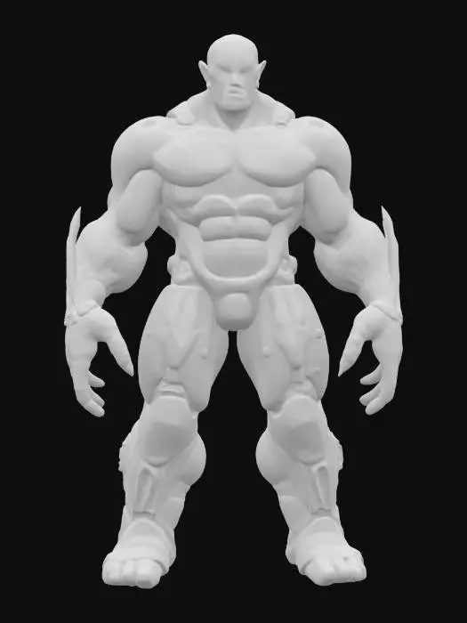 3D model for A gigantic figure with exaggerated musculature, made from interlocked metal segments and translucent, sinewy cables, with oversized arms and a barrel chest.