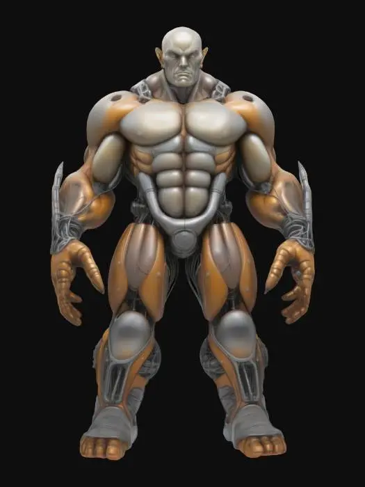 3D model for A gigantic figure with exaggerated musculature, made from interlocked metal segments and translucent, sinewy cables, with oversized arms and a barrel chest.