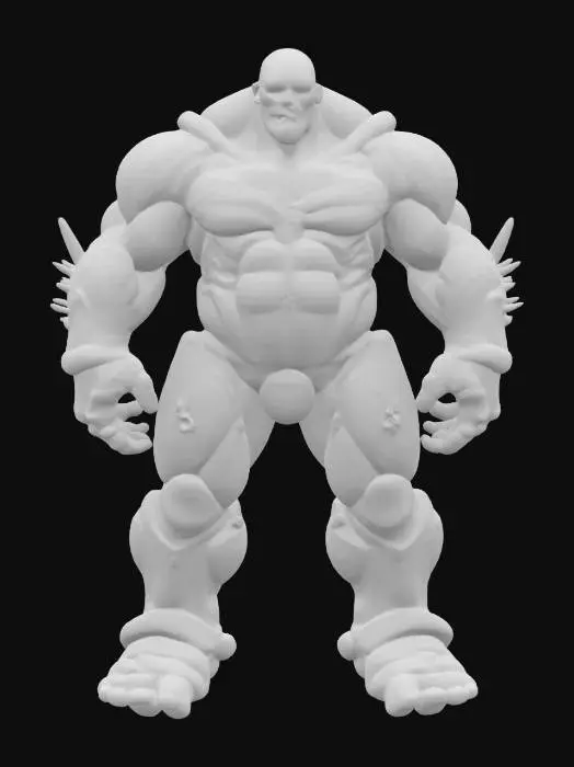 3D model for A gigantic figure with exaggerated musculature, made from interlocked metal segments and translucent, sinewy cables, with oversized arms and a barrel chest.