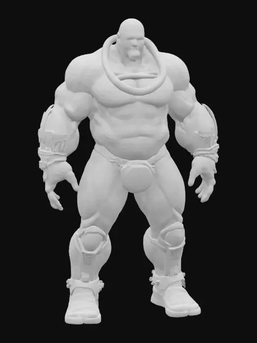 3D model for An immense figure with hyper-muscled anatomy fused with oversized, pulsating tubes and chrome plates, arms and legs massively thickened by mechanical grafts.