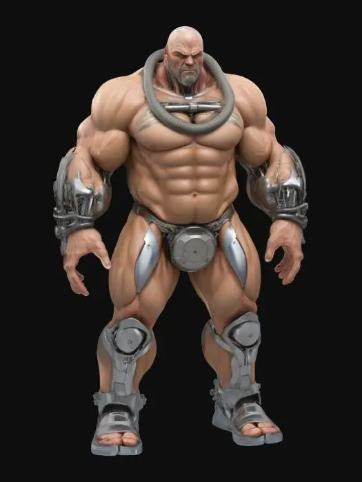 3D model for An immense figure with hyper-muscled anatomy fused with oversized, pulsating tubes and chrome plates, arms and legs massively thickened by mechanical grafts.
