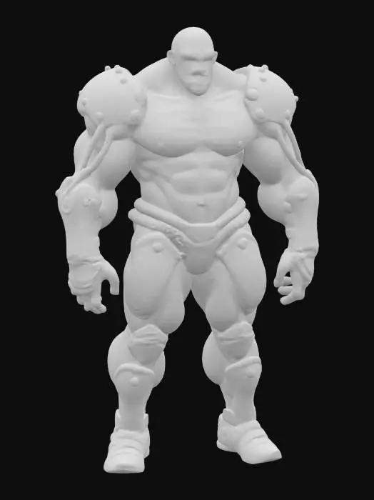 3D model for An immense figure with hyper-muscled anatomy fused with oversized, pulsating tubes and chrome plates, arms and legs massively thickened by mechanical grafts.