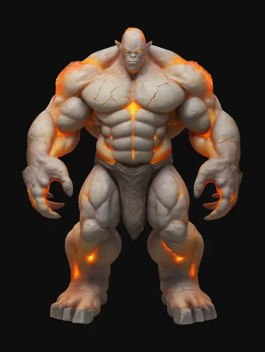 3D model for A massive, overmuscled form with cracked, ashen skin, orange magma glowing beneath the surface and surging through enormous, rocklike arms and legs.