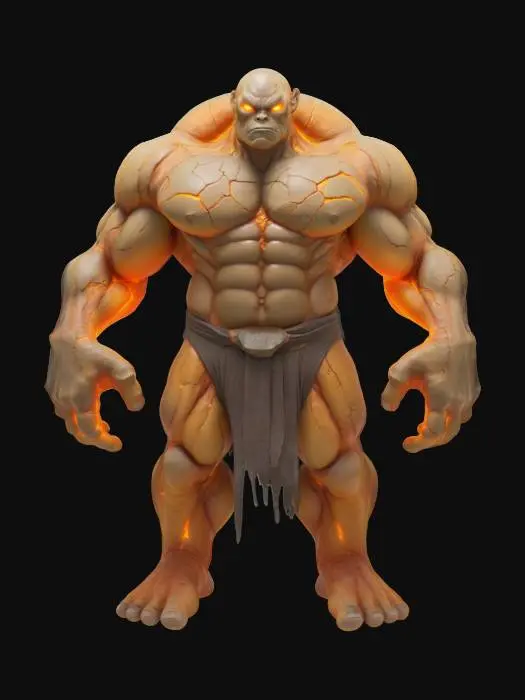 3D model for A massive, overmuscled form with cracked, ashen skin, orange magma glowing beneath the surface and surging through enormous, rocklike arms and legs.