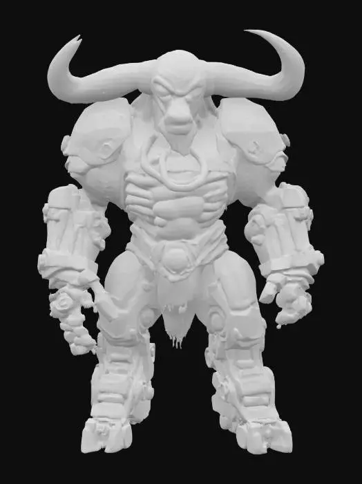 3D model for Minotaur with Mechanical Limbs – A towering minotaur, with the muscular body of a bull but enhanced with mechanical, steampunk-inspired limbs. Its left arm is a massive gauntlet of gears and metal, while its right leg is a hydraulic-powered machine. Its eyes glow with a fierce, red light.