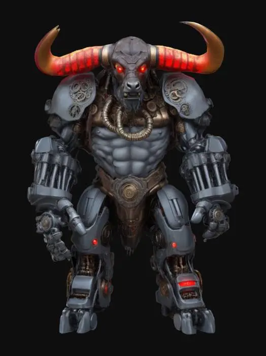 3D model for Minotaur with Mechanical Limbs – A towering minotaur, with the muscular body of a bull but enhanced with mechanical, steampunk-inspired limbs. Its left arm is a massive gauntlet of gears and metal, while its right leg is a hydraulic-powered machine. Its eyes glow with a fierce, red light.