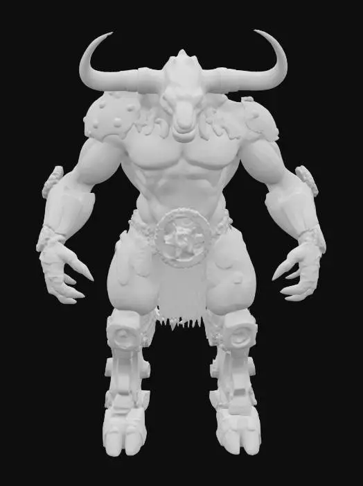 3D model for Minotaur with Mechanical Limbs – A towering minotaur, with the muscular body of a bull but enhanced with mechanical, steampunk-inspired limbs. Its left arm is a massive gauntlet of gears and metal, while its right leg is a hydraulic-powered machine. Its eyes glow with a fierce, red light.