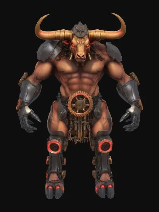 3D model for Minotaur with Mechanical Limbs – A towering minotaur, with the muscular body of a bull but enhanced with mechanical, steampunk-inspired limbs. Its left arm is a massive gauntlet of gears and metal, while its right leg is a hydraulic-powered machine. Its eyes glow with a fierce, red light.