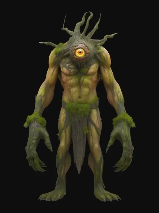 3D model for Cyclops with Tree Bark Skin – A massive cyclops with one large, glowing eye and skin resembling tree bark. His body is covered in moss and creeping vines, and his hands are like giant tree roots, able to manipulate nature. His presence is both intimidating and grounded in the earth.
