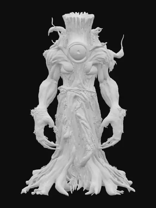 3D model for Cyclops with Tree Bark Skin – A massive cyclops with one large, glowing eye and skin resembling tree bark. His body is covered in moss and creeping vines, and his hands are like giant tree roots, able to manipulate nature. His presence is both intimidating and grounded in the earth.