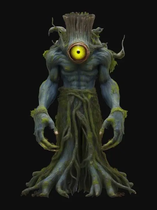 3D model for Cyclops with Tree Bark Skin – A massive cyclops with one large, glowing eye and skin resembling tree bark. His body is covered in moss and creeping vines, and his hands are like giant tree roots, able to manipulate nature. His presence is both intimidating and grounded in the earth.