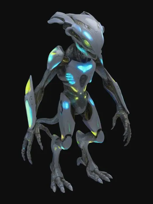 3D model for Shapeshifting Alien with Bio-Mechanical Armor – A humanoid alien capable of shifting its form. Its body is covered in bio-mechanical armor, glowing with intricate patterns of light. The alien has multiple eyes that shift position depending on its form, and its limbs are sleek and powerful, ready for combat or stealth.
