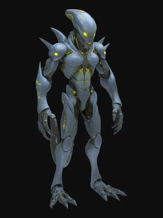 3D model for Shapeshifting Alien with Bio-Mechanical Armor – A humanoid alien capable of shifting its form. Its body is covered in bio-mechanical armor, glowing with intricate patterns of light. The alien has multiple eyes that shift position depending on its form, and its limbs are sleek and powerful, ready for combat or stealth.