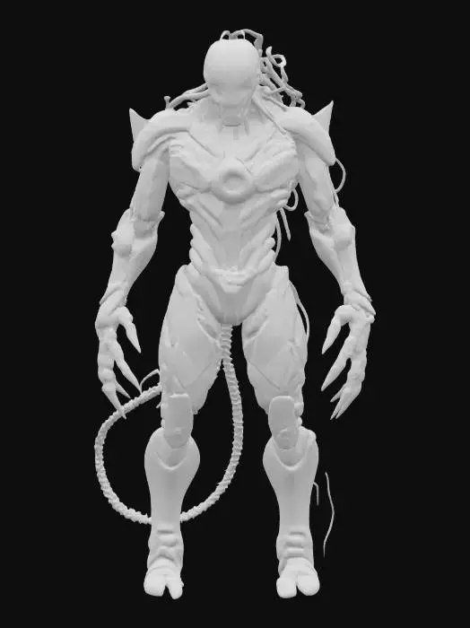 3D model for “A towering humanoid enemy wrapped in living metal tendrils, shifting geometry plating, molten core visible in chest cavity, low-poly abstract art style, dramatic silhouette.”
