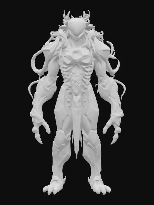 3D model for “A towering humanoid enemy wrapped in living metal tendrils, shifting geometry plating, molten core visible in chest cavity, low-poly abstract art style, dramatic silhouette.”
