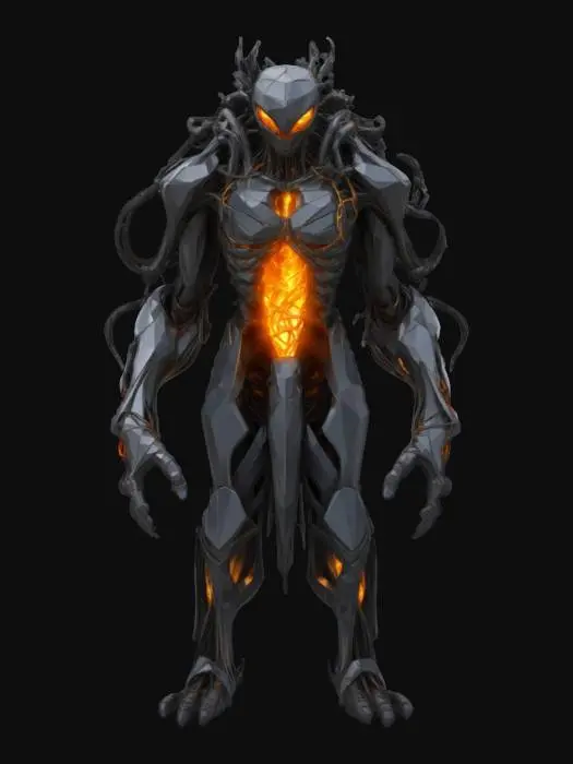 3D model for “A towering humanoid enemy wrapped in living metal tendrils, shifting geometry plating, molten core visible in chest cavity, low-poly abstract art style, dramatic silhouette.”

