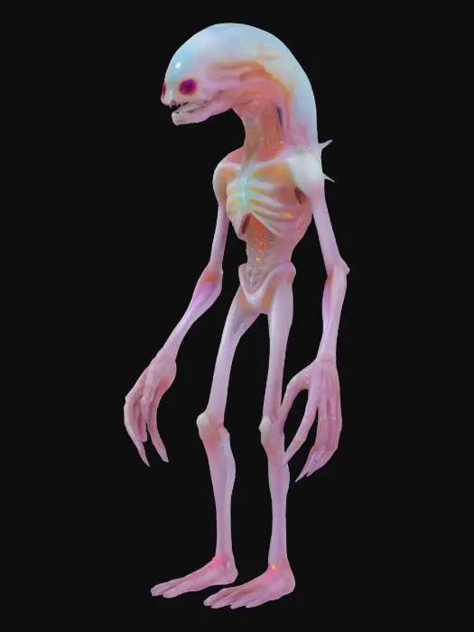 3D model for “A humanoid enemy with bioluminescent jellylike dermis, ribbed exoskeleton emerging in sinewy layers, soft-focus surreal dreamscape aesthetic.”

