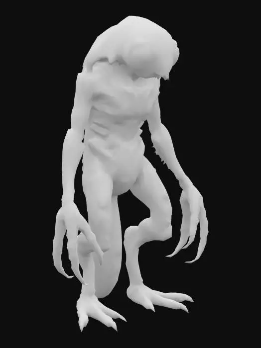 3D model for Humanoid with multiple eyes and segmented body – This humanoid has a tall, segmented body, with joints resembling those of an insect. Their skin is rough and textured, a mix of dark green and brown. They have five eyes arranged in a circular pattern on their face, each with a different hue, allowing them to see in various spectrums. Their arms are unusually long, with multiple fingers that end in sharp talons.