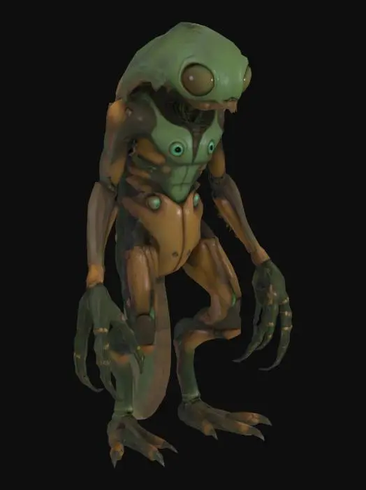 3D model for Humanoid with multiple eyes and segmented body – This humanoid has a tall, segmented body, with joints resembling those of an insect. Their skin is rough and textured, a mix of dark green and brown. They have five eyes arranged in a circular pattern on their face, each with a different hue, allowing them to see in various spectrums. Their arms are unusually long, with multiple fingers that end in sharp talons.