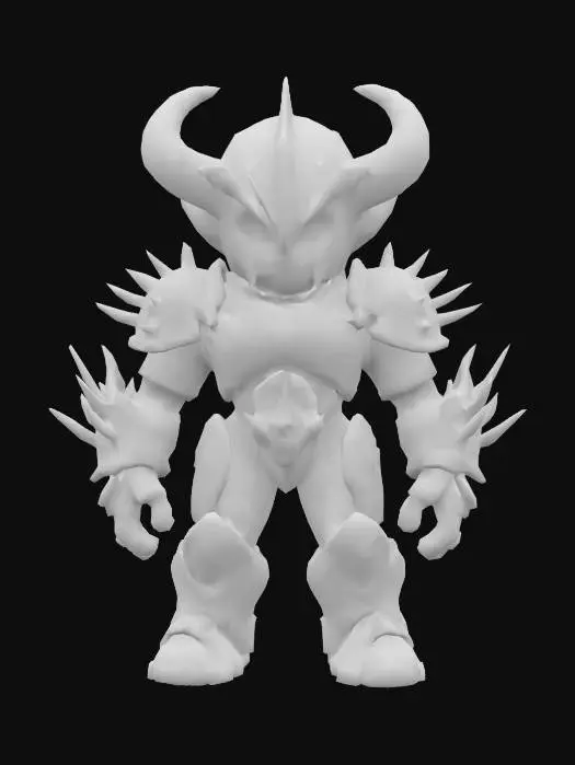 3D model for A stylized, compact chibi-style enemy character designed as a powerful bruiser. Mezalor has a bulky, wide body with short but thick limbs, and a small, slightly oversized head for a toy-like feel — but still fully riggable. His skin or armor is smooth and solid, with deep blue tones and bright glowing orange cracks, as if he's holding back massive inner power. He has no visible face — only a glowing slit, gem, or flat mask. Spikes or bony protrusions on shoulders and arms add menace without clutter. His overall shape is clean, rounded, and slightly exaggerated, like a collectible vinyl figure. The silhouette reads “small but unstoppable,” and the materials are glossy and toy-like — fitting a sci-fi fantasy boss squad.