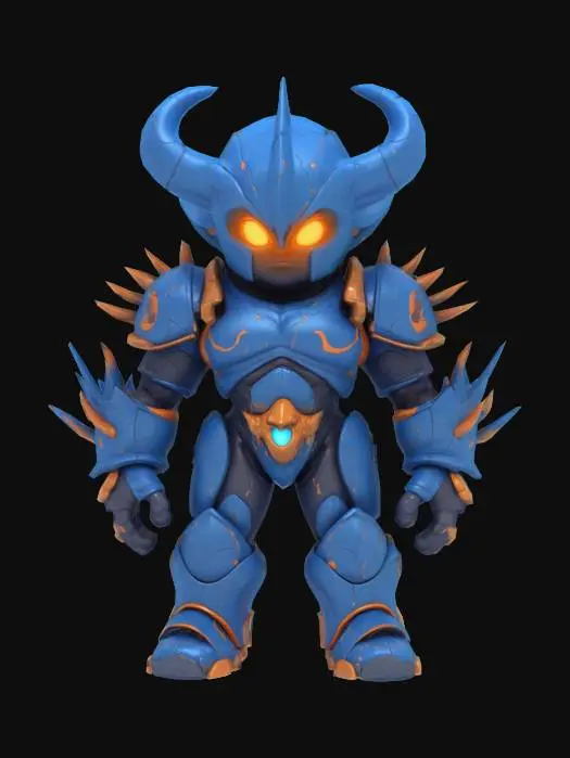 3D model for A stylized, compact chibi-style enemy character designed as a powerful bruiser. Mezalor has a bulky, wide body with short but thick limbs, and a small, slightly oversized head for a toy-like feel — but still fully riggable. His skin or armor is smooth and solid, with deep blue tones and bright glowing orange cracks, as if he's holding back massive inner power. He has no visible face — only a glowing slit, gem, or flat mask. Spikes or bony protrusions on shoulders and arms add menace without clutter. His overall shape is clean, rounded, and slightly exaggerated, like a collectible vinyl figure. The silhouette reads “small but unstoppable,” and the materials are glossy and toy-like — fitting a sci-fi fantasy boss squad.