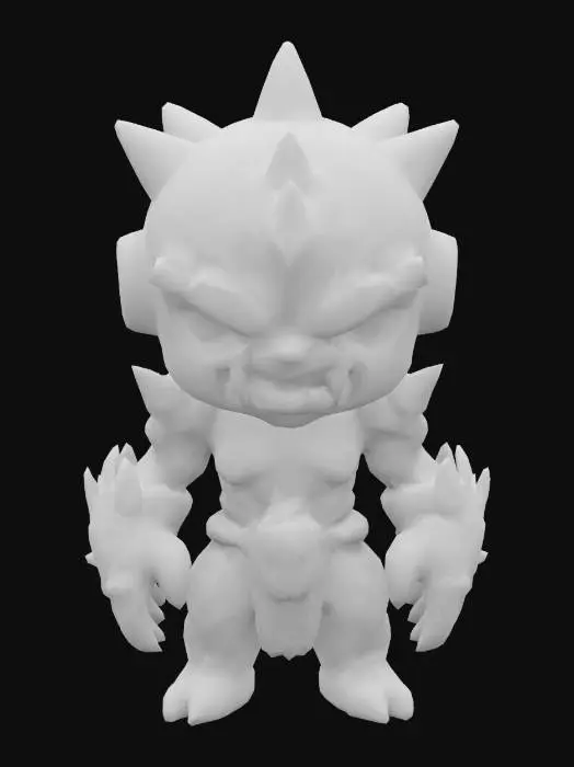 3D model for A stylized, compact chibi-style enemy character designed as a powerful bruiser. Mezalor has a bulky, wide body with short but thick limbs, and a small, slightly oversized head for a toy-like feel — but still fully riggable. His skin or armor is smooth and solid, with deep blue tones and bright glowing orange cracks, as if he's holding back massive inner power. He has no visible face — only a glowing slit, gem, or flat mask. Spikes or bony protrusions on shoulders and arms add menace without clutter. His overall shape is clean, rounded, and slightly exaggerated, like a collectible vinyl figure. The silhouette reads “small but unstoppable,” and the materials are glossy and toy-like — fitting a sci-fi fantasy boss squad.