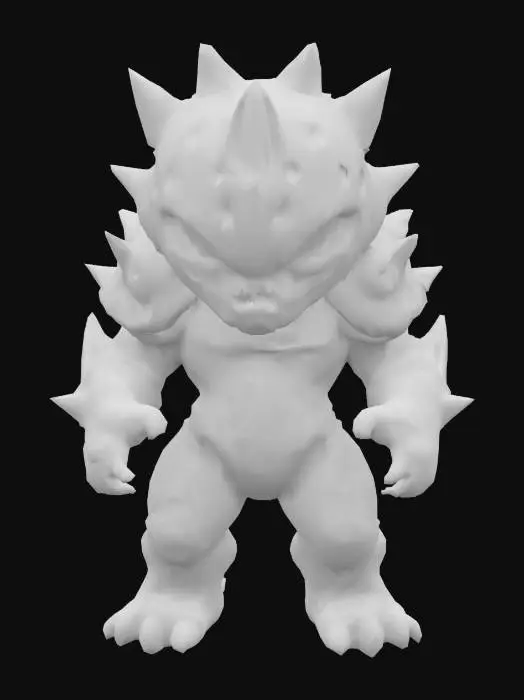 3D model for A stylized, compact chibi-style enemy character designed as a powerful bruiser. Mezalor has a bulky, wide body with short but thick limbs, and a small, slightly oversized head for a toy-like feel — but still fully riggable. His skin or armor is smooth and solid, with deep blue tones and bright glowing orange cracks, as if he's holding back massive inner power. He has no visible face — only a glowing slit, gem, or flat mask. Spikes or bony protrusions on shoulders and arms add menace without clutter. His overall shape is clean, rounded, and slightly exaggerated, like a collectible vinyl figure. The silhouette reads “small but unstoppable,” and the materials are glossy and toy-like — fitting a sci-fi fantasy boss squad.