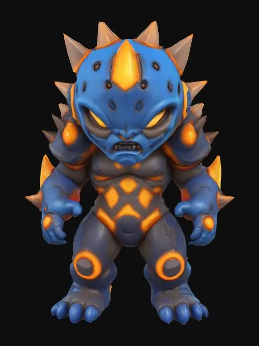 3D model for A stylized, compact chibi-style enemy character designed as a powerful bruiser. Mezalor has a bulky, wide body with short but thick limbs, and a small, slightly oversized head for a toy-like feel — but still fully riggable. His skin or armor is smooth and solid, with deep blue tones and bright glowing orange cracks, as if he's holding back massive inner power. He has no visible face — only a glowing slit, gem, or flat mask. Spikes or bony protrusions on shoulders and arms add menace without clutter. His overall shape is clean, rounded, and slightly exaggerated, like a collectible vinyl figure. The silhouette reads “small but unstoppable,” and the materials are glossy and toy-like — fitting a sci-fi fantasy boss squad.