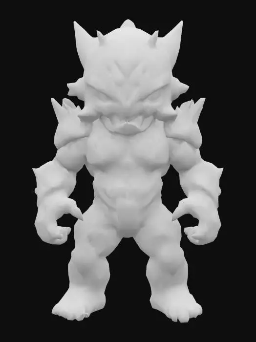 3D model for A stylized, compact chibi-style enemy character designed as a powerful bruiser. Mezalor has a bulky, wide body with short but thick limbs, and a small, slightly oversized head for a toy-like feel — but still fully riggable. His skin or armor is smooth and solid, with deep blue tones and bright glowing orange cracks, as if he's holding back massive inner power. He has no visible face — only a glowing slit, gem, or flat mask. Spikes or bony protrusions on shoulders and arms add menace without clutter. His overall shape is clean, rounded, and slightly exaggerated, like a collectible vinyl figure. The silhouette reads “small but unstoppable,” and the materials are glossy and toy-like — fitting a sci-fi fantasy boss squad.