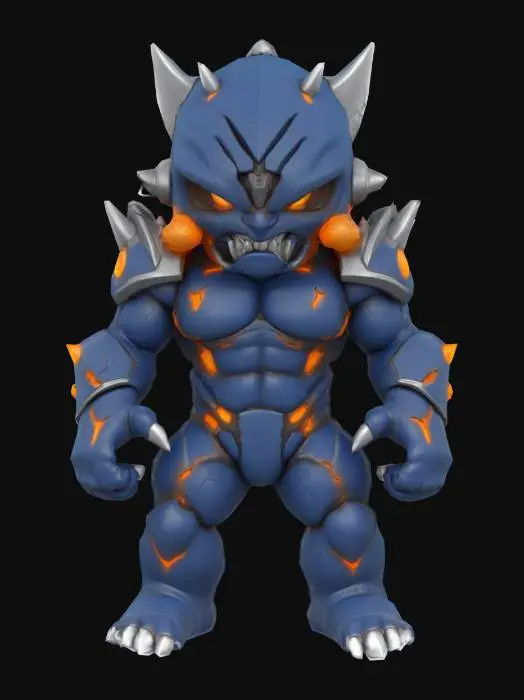 3D model for A stylized, compact chibi-style enemy character designed as a powerful bruiser. Mezalor has a bulky, wide body with short but thick limbs, and a small, slightly oversized head for a toy-like feel — but still fully riggable. His skin or armor is smooth and solid, with deep blue tones and bright glowing orange cracks, as if he's holding back massive inner power. He has no visible face — only a glowing slit, gem, or flat mask. Spikes or bony protrusions on shoulders and arms add menace without clutter. His overall shape is clean, rounded, and slightly exaggerated, like a collectible vinyl figure. The silhouette reads “small but unstoppable,” and the materials are glossy and toy-like — fitting a sci-fi fantasy boss squad.